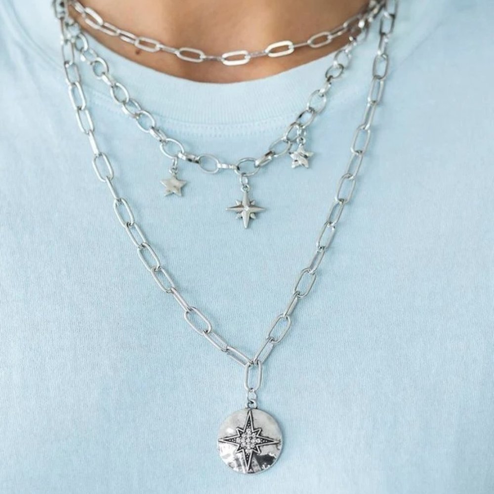 Necklace, Multi chains, Three silver star charms